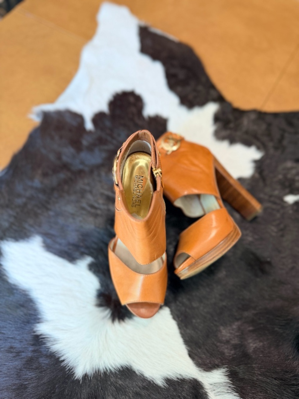 Michael Kors Cognac Leather Open-Toe High Heel Booties. Size 6.5 - Picture 7 of 7